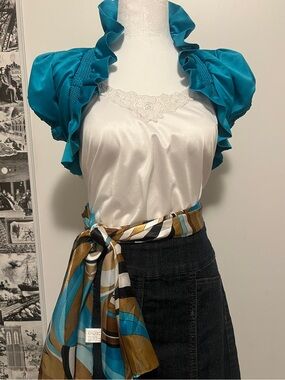 SWS Teal Ruffle Shrug Bolero + matching Careta Y2K 1970s inspired headscarf